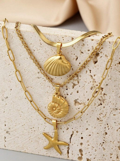 Shein Stainless Steel Golden Yellow Of 3 Different Styles Of Ocean Shell And Pendant Necklaces Set>