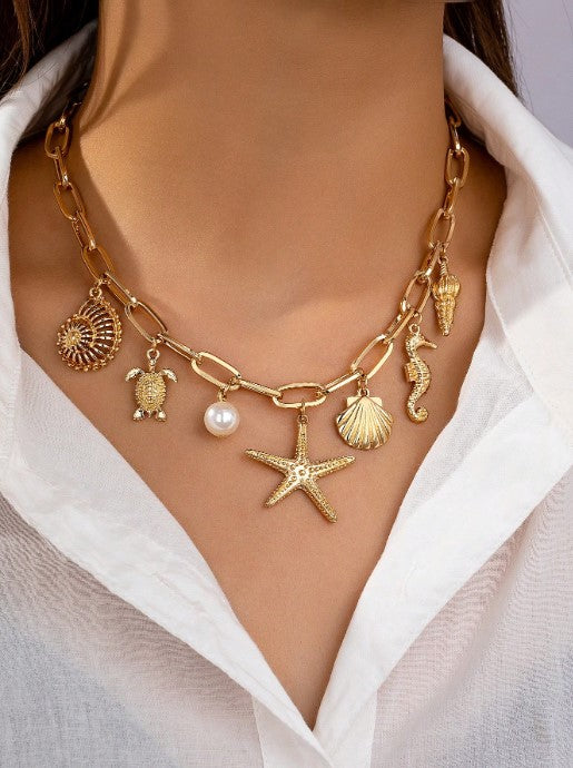 Shein 1pc Beach Vacation Style Metal Ocean Creature Pendant Necklace >