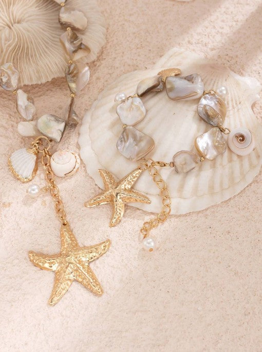 Shein Set Vintage Turquoise Beads Layered Chain Necklace With Starfish Shell Pendants >