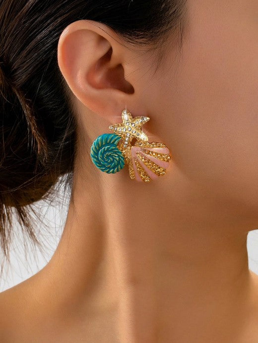 Shein 1 Pair Metal Enamel Starfish & Shell Pendant Earrings with Rhinestones>