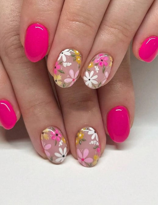 Shein 24pcs Hot Pink & Floral Oval Press-on Nails - Spring Atmosphere Design -.