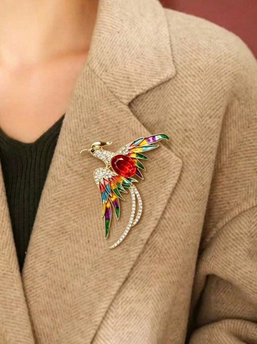 Shein 1pc Sparkling Crystal Phoenix Brooch Luxurious Gold-Tone Multicolor Enamel Bird Pin >