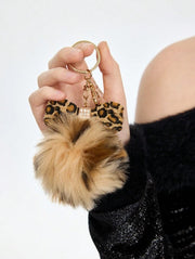 Shein 1pc Leopard Print Bow & Faux Fur Pom Pom Keychain Bag Charm >