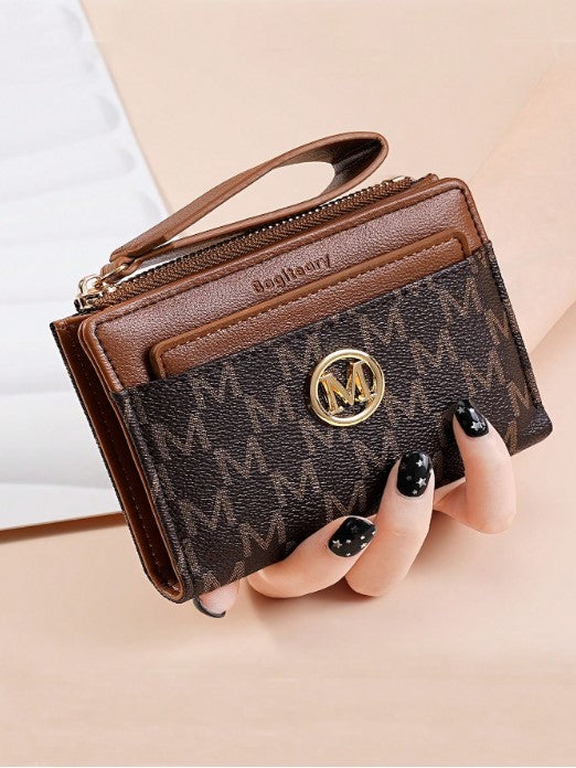 Shein Monogram Pattern Bifold Wallet with Coin Purse & Wrist Strap -.