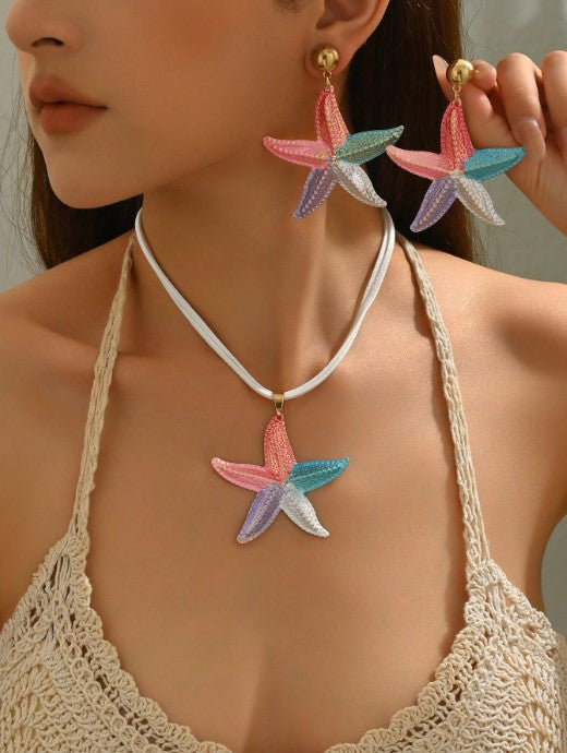 Shein 1 Set Of 3pcs Bohemian Style Beach Ocean Series Fashion Versatile Colorful Starfish Necklace & Earrings Set >
