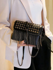 Shein Citrus Fringe Design Fashion Shoulder Crossbody Bag Studded Chain Strap Street Style Handbag -.