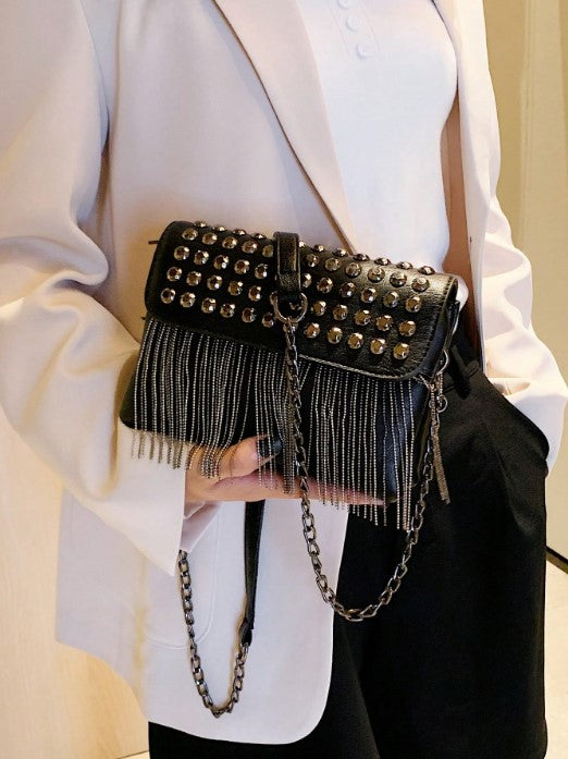 Shein Citrus Fringe Design Fashion Shoulder Crossbody Bag Studded Chain Strap Street Style Handbag -.
