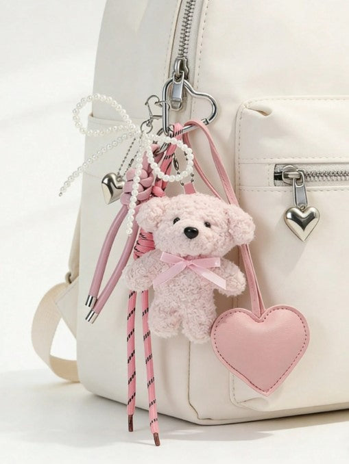 Shein 1pc Cute Girl's White Bear Silver Beads Bow Bag Charm, Lovely Heart-Shaped Keychain Pendant, Adorable Teddy >