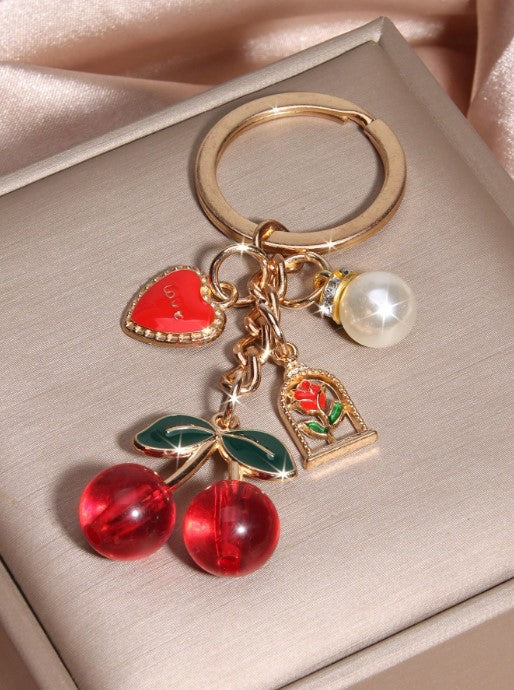 Shein Fashionable Cherry Keychain with Heart & Rose Pendant Charm -.