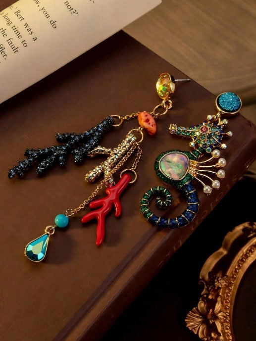 Shein Set Vintage Ocean Holiday Style Enamel Fish & Seahorse Shaped Earrings & Necklace Set>
