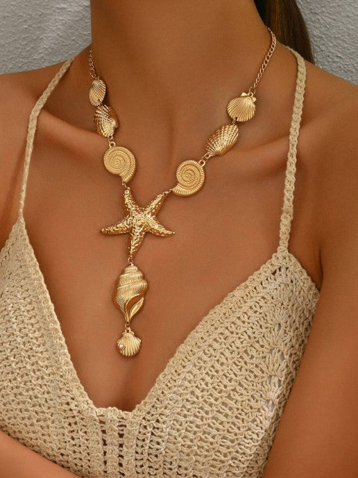 Shein 1pc New Stylish Ocean Themed Pendant Necklace Gold Shell Starfish Lariat Choker >