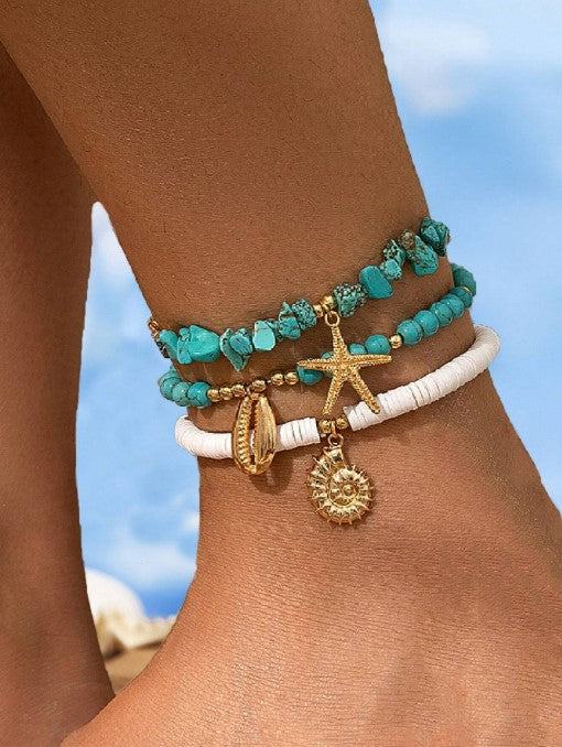 Shein 3pcs/Set Turquoise Stone Chip Beads and Soft Ceramic Beaded Anklet Set >