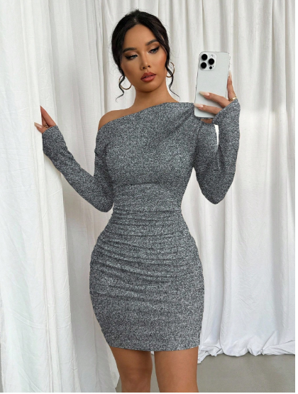 Shein Women's Solid Color Asymmetric Ruched Long Sleeve Fitted Fashionable Dress, M -.