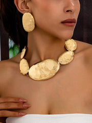 Shein 3pcs/Set Exaggerated Punk  Metal Gold Pendant Earrings Necklace Set>