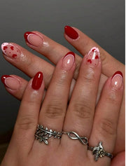 Shein 24pcs Oval Red Heart French Tip Design Press-on Nails -.
