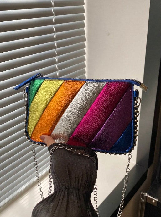 Shein Vintage Fashion Personalized Colorful Quilted Minimalist Metal Chain Crossbody Bag -.