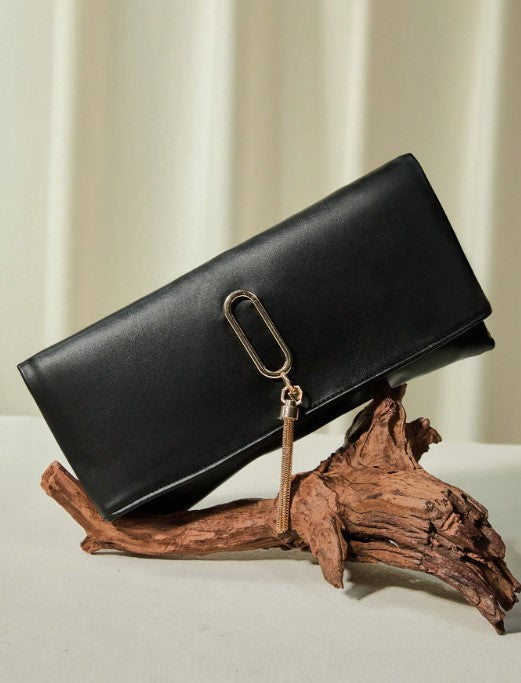 Shein Tassel Decor Black PU Leather Envelope Clutch Bag -.
