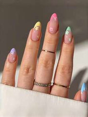 Shein 24pcs French Colorful Flowers Simple Almond Press On Nails >