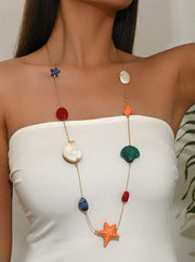 Shein 1pc Fashionable Bohemian Style Seashell Starfish Baroque Pearl Long Necklace >