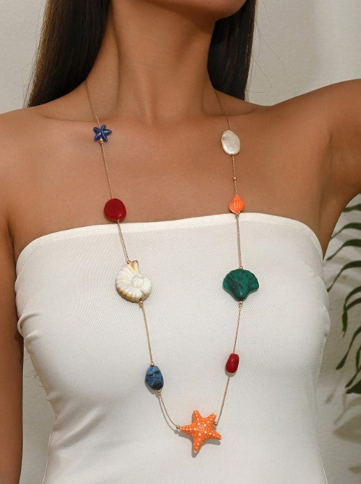Shein 1pc Fashionable Bohemian Style Seashell Starfish Baroque Pearl Long Necklace >