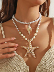 Shein 1pc Handmade Multi-Layer Beaded Stone Pearl Metal Golden Starfish Pendant Necklace >