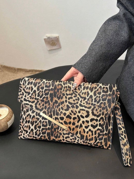 Shein Fashionable Leopard Print Solid Color Crocodile Texture Clutch Envelope Bag -.