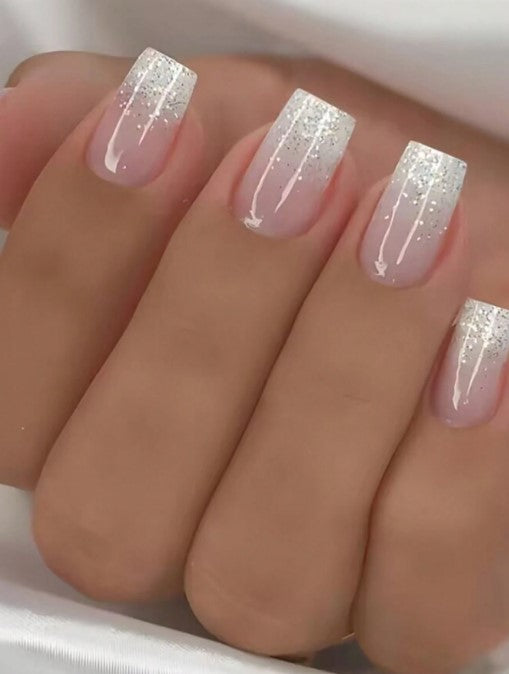 Shein 24pcs Y2K Style Pink Ombre Glitter French Manicure Fake Nails Set>