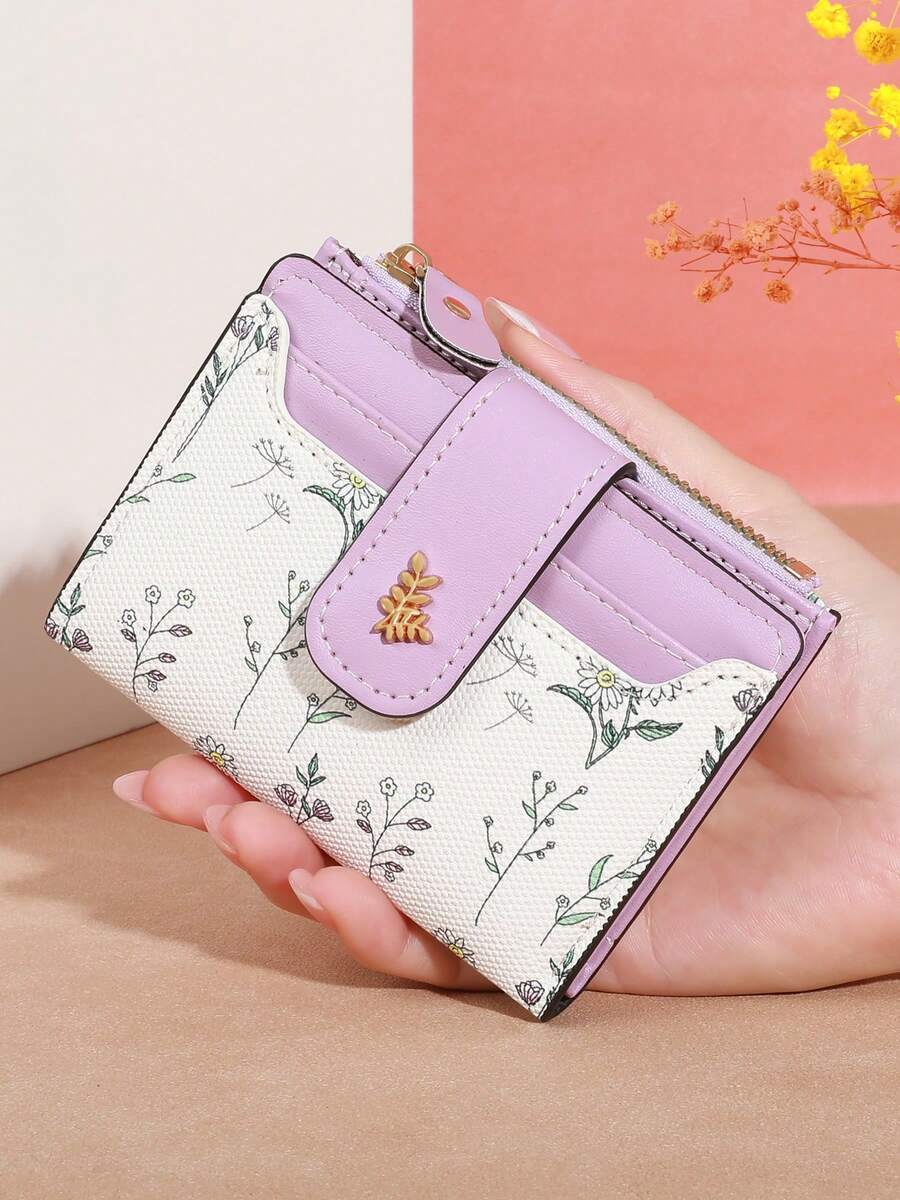Shein 1pc Floral Design, Snap Closure, Ideal For Cards And Coins Wallet -.