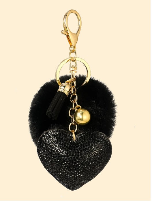 Shein Korean Heart Shaped Rhinestone Keychain with Black Pom Pom & Tassel -.
