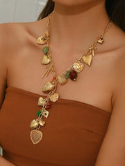 Shein 1pc High-End Gold Heart-Shaped Resin & Natural Small Stone Pendant Necklace>