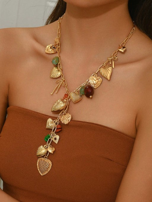 Shein 1pc High-End Gold Heart-Shaped Resin & Natural Small Stone Pendant Necklace>