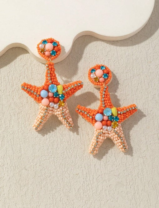 Shein Heavy Starfish & Pearl Crystal Beaded Earrings>