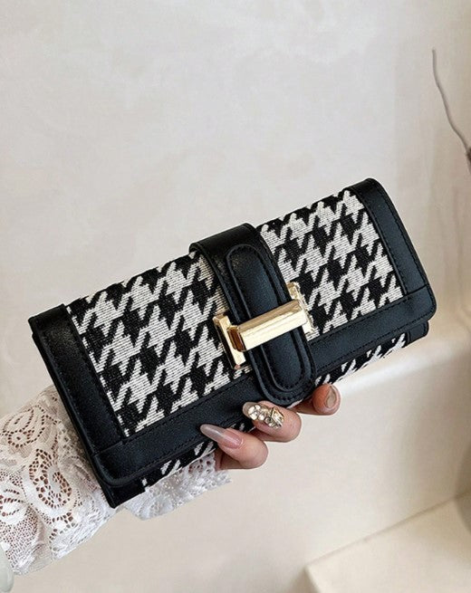 Shein Checkered Fashionable Snap Fastening Women's Classic Vintage Three-Fold Long Wallet -.