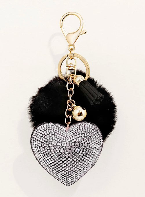 Shein Party 1pc Rhinestone-Studded Heart-Shaped Keychain with Pom Pom Ball -.