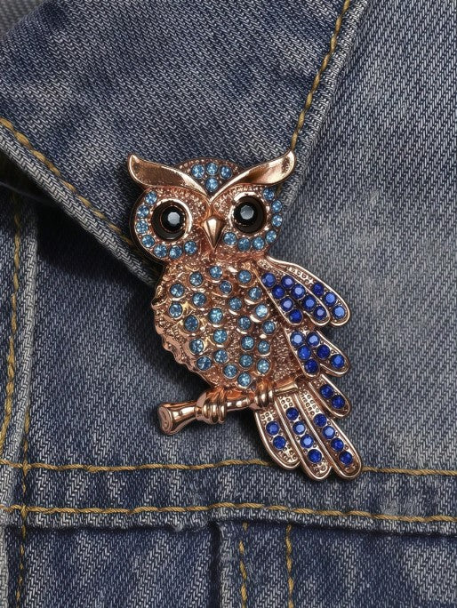 Shein Vintage Owl Brooch With Blue Rhinestones Crystal Bird Brooch >