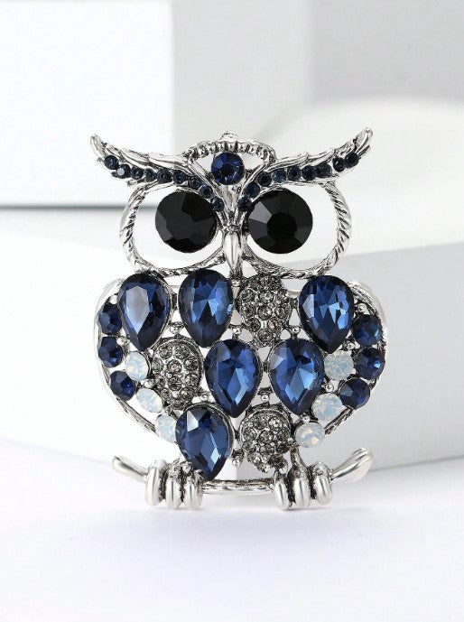 Shein Luxury Sapphire Blue Rhinestone Owl Brooch Bird Animal Party Jewelry>