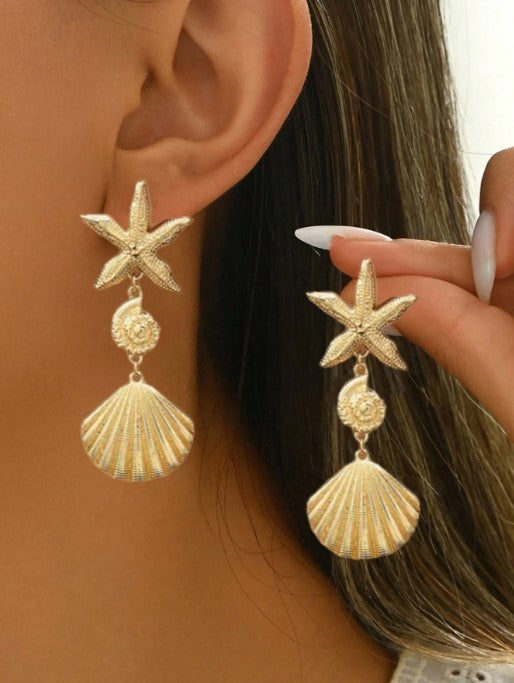 Shein Fashion Versatile Beach Vacation Exaggerated Metal Asymmetrical Shell & Starfish Earrings>