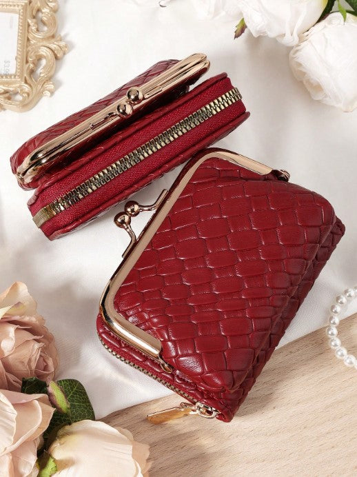 Shein Burgundy Multi-functional Large Capacity Woven Short PU Leather Purse with Zipper and Hasp -.