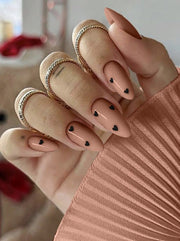 Shein 24pcs Medium Almond Nude Press-on Nails with Minimalist Black Heart Art -.