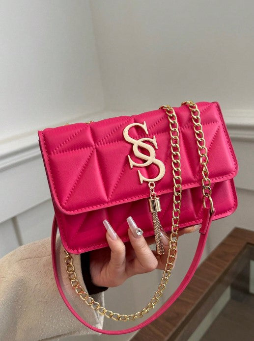 Shein Fashion Solid Color Rhombus Pattern Flap Small Square Bag with Gold Chain Strap & Tassel -.