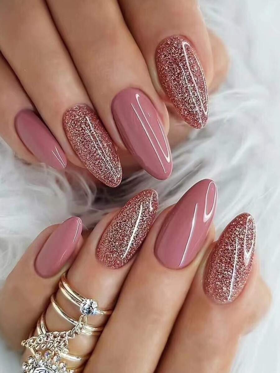 Shein 24pcs Wear-Style Long Almond Shaped Simple French Glitter Press On Nails>