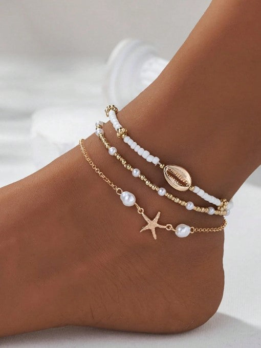 Shein 3pcs Set Summer Beach Style Metal Starfish & Shell Beaded Anklet Set >