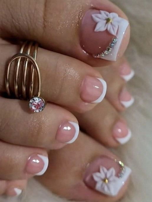 Shein 24pcs Almond Gradient Natural Pink / White Glitter Edge Press-on Nails -.