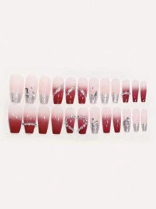 Shein 24pcs Long Coffin-Shaped Nail Tips With Pink Gradient Heart & Chain & Rhinestone Design >