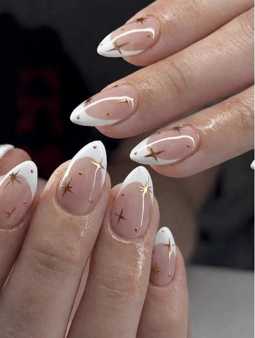Shein 24pcs French White Starry Press-On Nails Almond Shape Fake Nails Set >