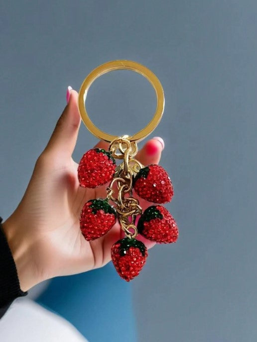 Shein Red Fully Studded 3D Strawberry Keychain & Fruit Pendant Bag Charm -.
