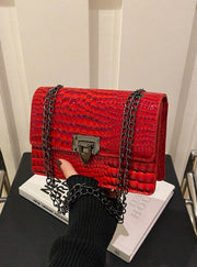 Shein Women's New Mini Retro Fashion Red Crocodile Print Metal Chain Crossbody Shoulder Bag -.