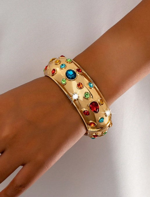 Shein Vintage Metal Inlaid Multi-Color Gemstone Thick Bracelet