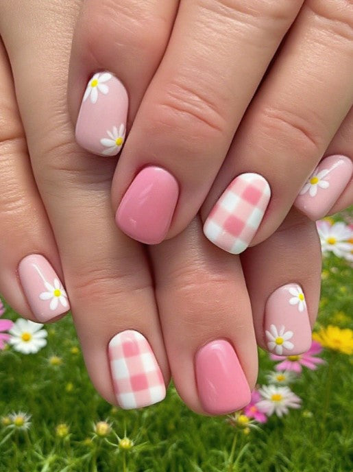 Shein 24pcs Short Square Pink Gingham & Fresh Daisy Art Press-on Nails -.