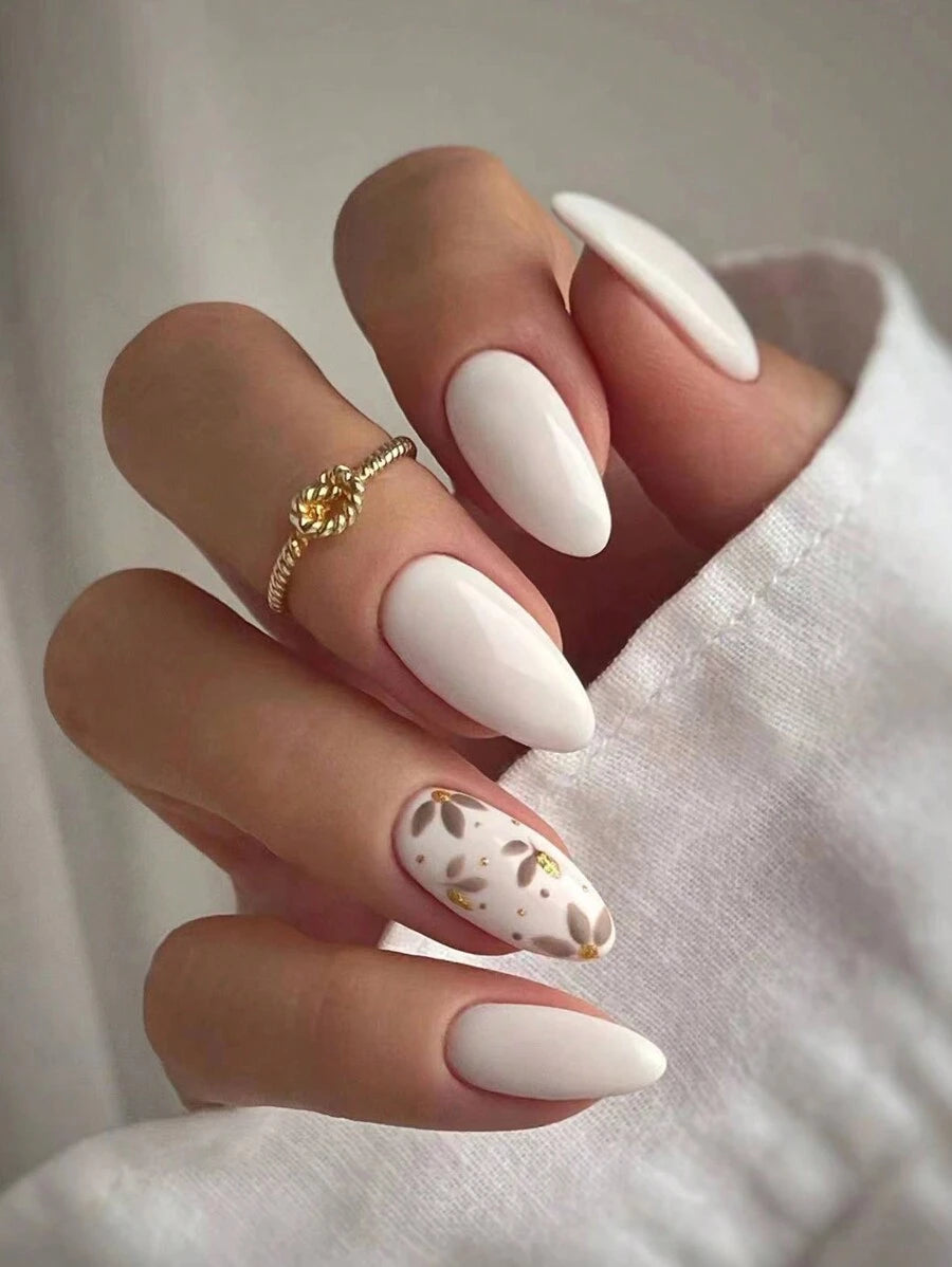 Shein 24pcs/Set Almond Shaped Press-On Nails, Floral & Gold Glitter Design Acrylic False Nails >